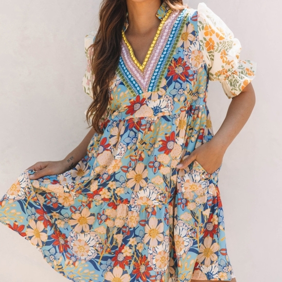 Boho Floral Mini Dress Crochet V Neck Small S Summer - Picture 1 of 4